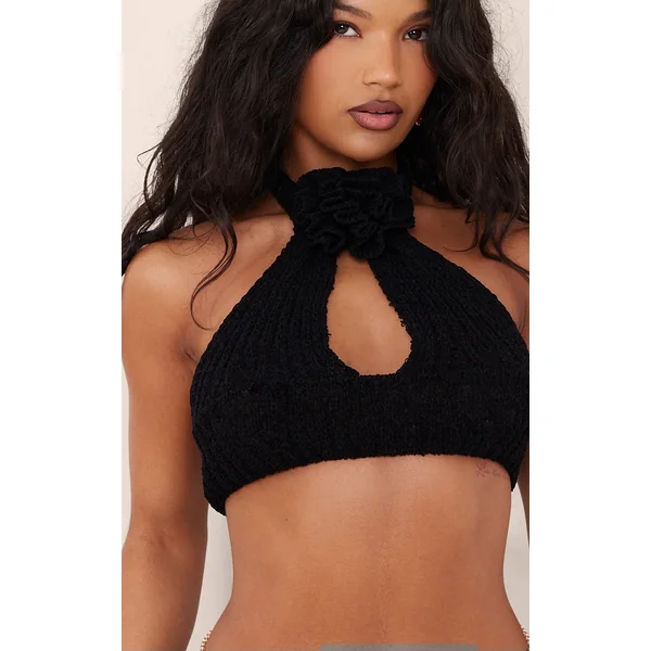 Black Crochet Knit Floral Applique Cut Out Top