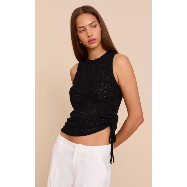 Black Crochet Knit Ruched Racer Top