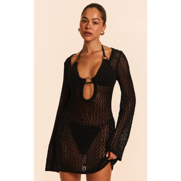Black Crochet O Ring Mini Beach Dress
