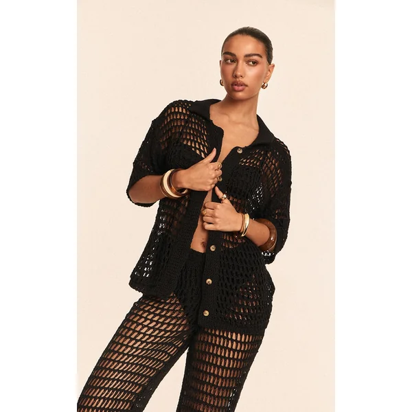 Black Crochet Short Sleeve Beach Shirt