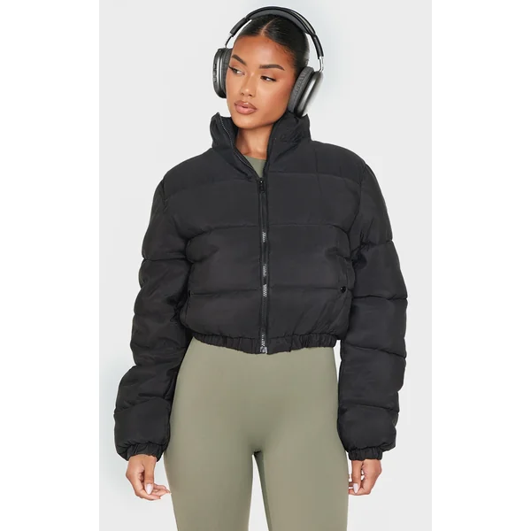 Black Cropped Peach Skin Bubble Puffer Jacket