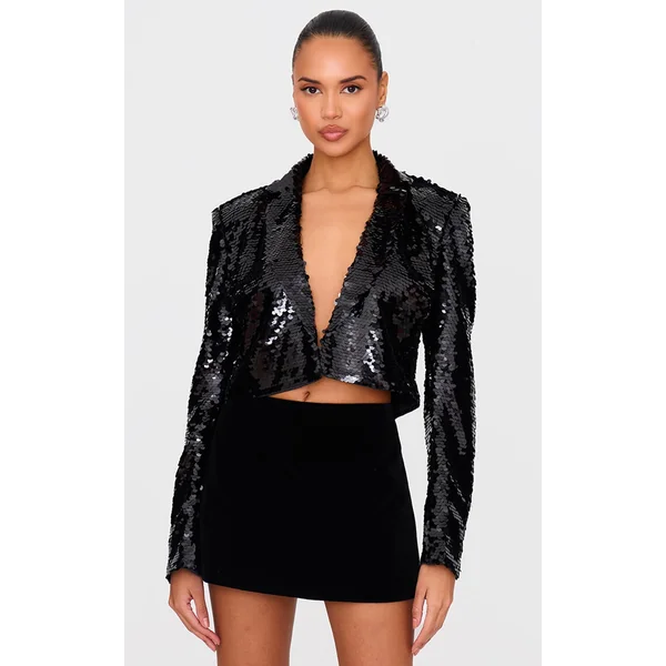 Black Cropped Sequin Blazer