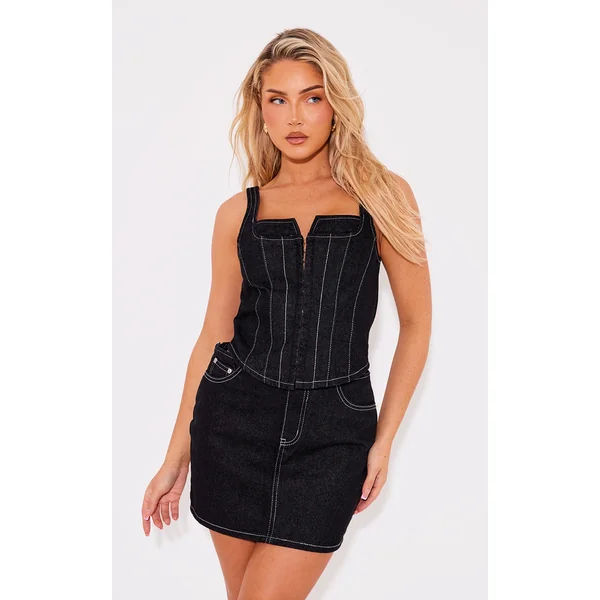 Black Denim Corset Contrast Stitch Top
