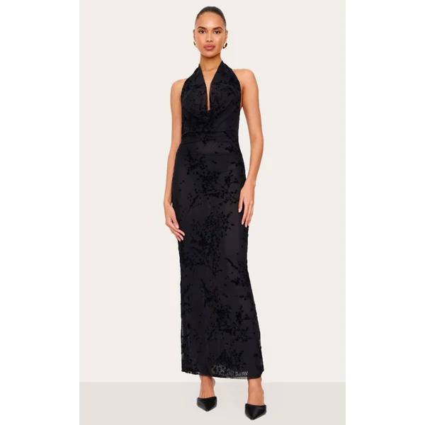 Black Devore Cowl Neck Maxi Dress