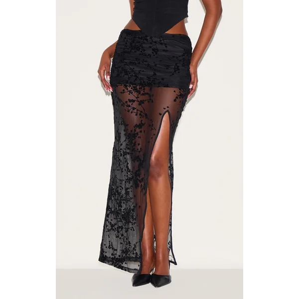Black Devore Mesh Foldover Slit Maxi Skirt
