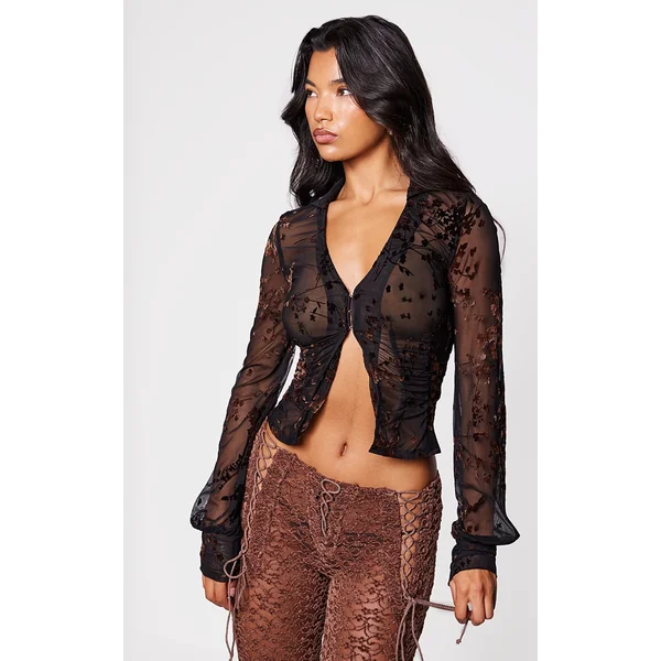 Black Devore Ruched Fitted Shirt