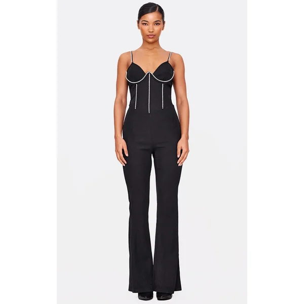 Black Diamante Corset Detail Flared Strappy Jumpsuit