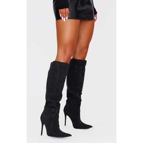 Black Diamante Point Toe High Stiletto Knee High Boots