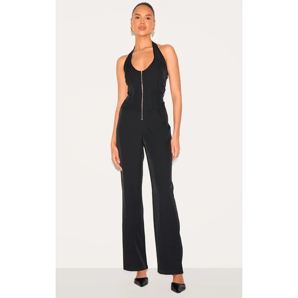 Black Dipped Corset Zip Front Wide Leg Jumpsuit