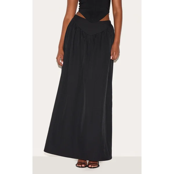 Black Dipped Waist Structured A Line Maxi Skirt