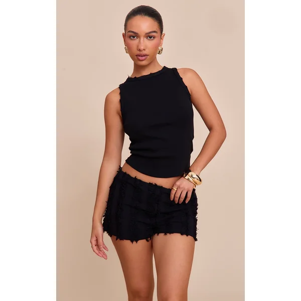 Black Distressed Linen Hot Pants