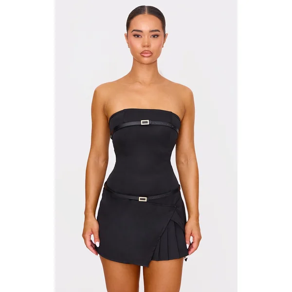 Black Double Belt Bandeau Pleated Mini Dress