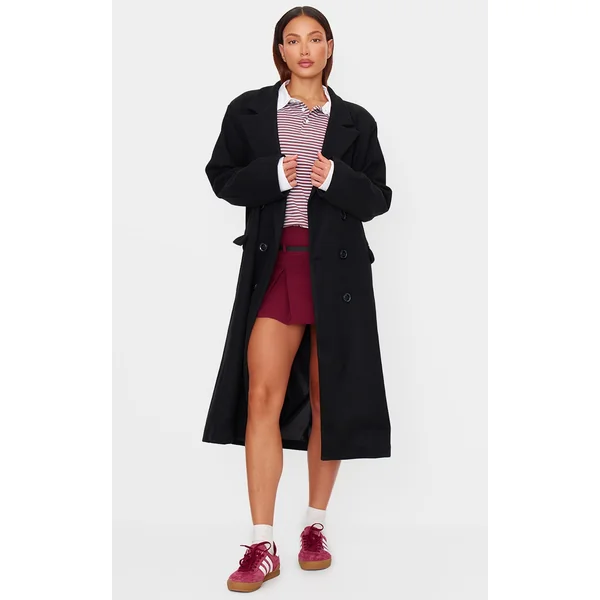 Black Double Breasted Wool Look Overcoat