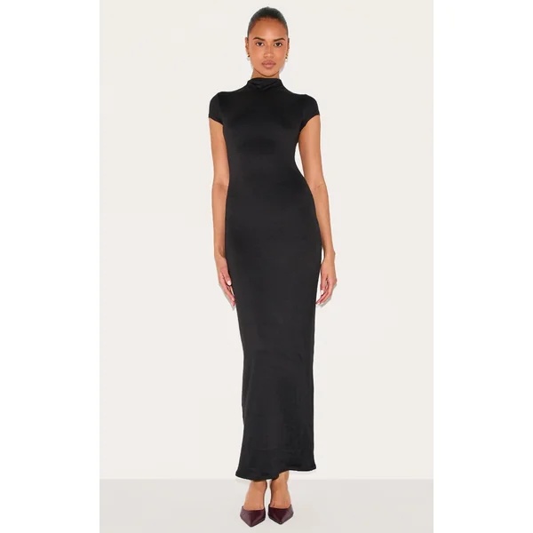 Black Double Contour Boat Neck Maxi Dress