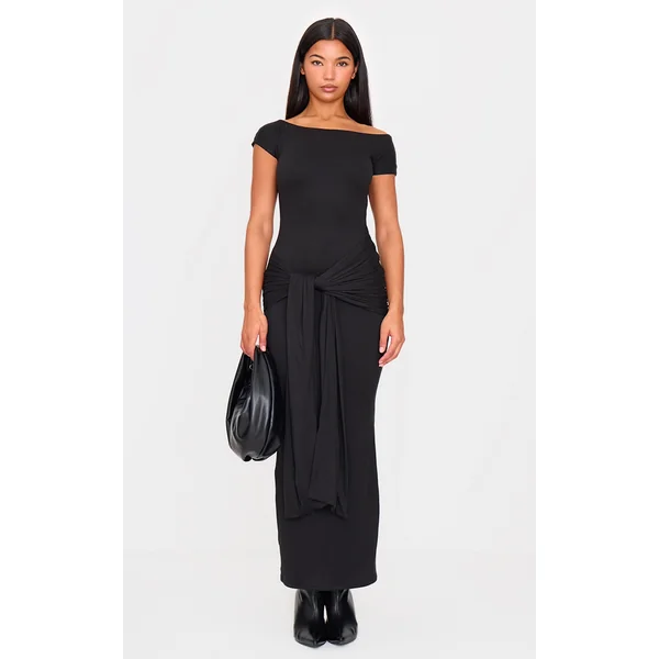 Black Double Contour Boat Neck Wrap Maxi Dress