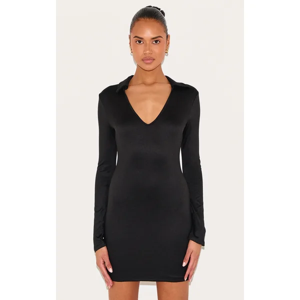 Black Double Contour Collar Detail Long Sleeve Bodycon Dress