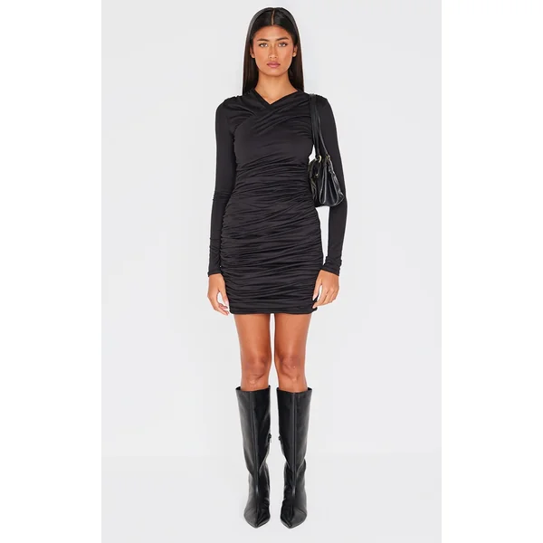 Black Double Contour Cross Over Bodycon Dress
