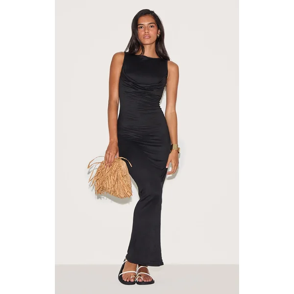 Black Double Contour Drape Bust Detail Maxi Dress