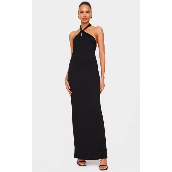 Black Double Contour Halterneck Low Back Maxi Dress