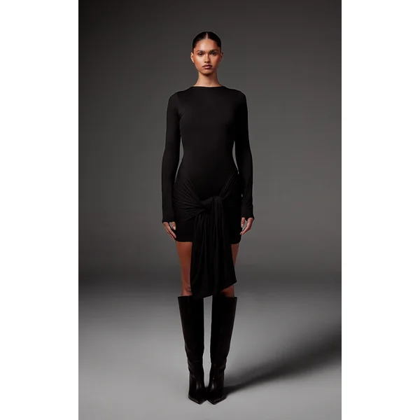 Black Double Contour Long Sleeve Wrap Detail Bodycon Dress