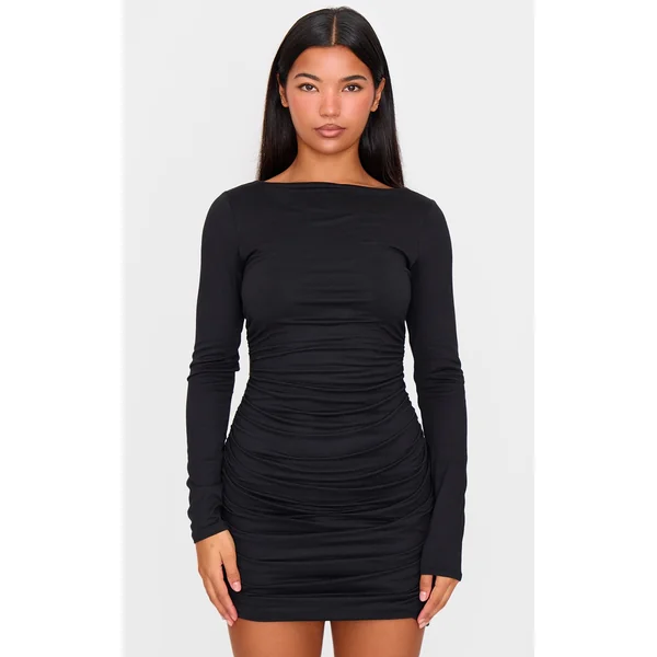 Black Double Contour Ruched Detail Bodycon Dress