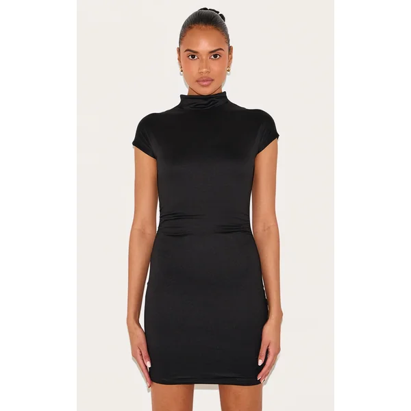Black Double Contour Ruched Detail Cap Sleeve Bodycon Dress