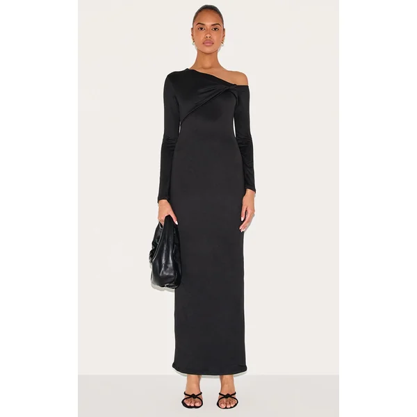 Black Double Contour Twist Detail Long Sleeve Maxi Dress
