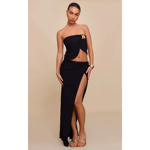 Black Double Layer Bandeau Trim Detail Maxi Skirt
