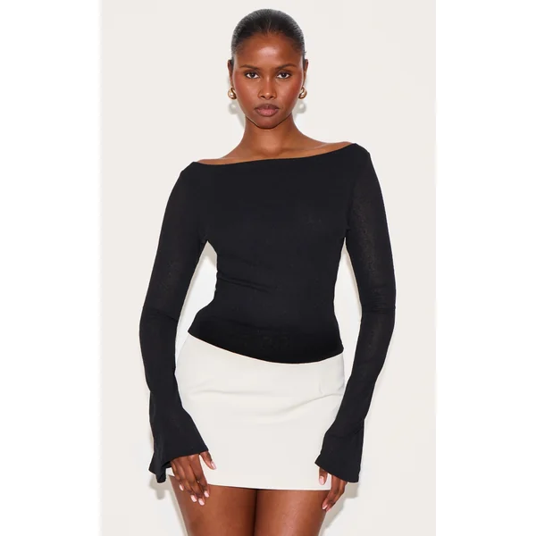 Black Double Layer Burn Out Mesh Flared Sleeve Top