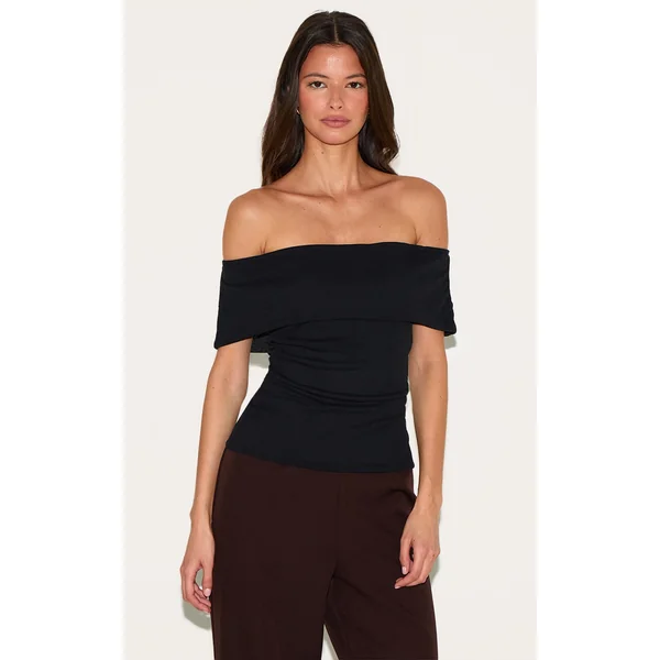 Black Double Layer Burn Out Mesh Fold Over Bardot Top