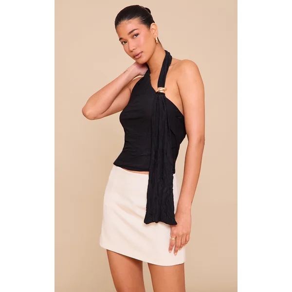 Black Double Layer Crinkle Mesh Drape Detail Long Top