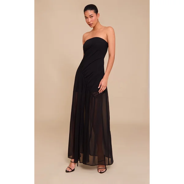 Black Double Layer Mesh Bandeau Asymmetric Ruching Maxi Dress
