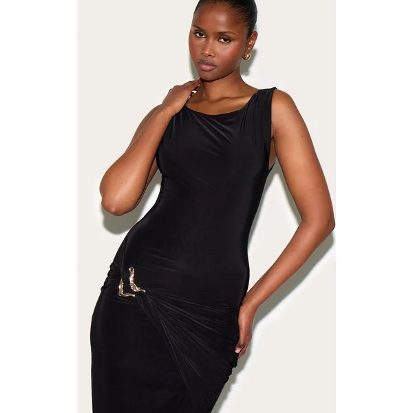 Black Double Layer Ruched Trim Detail Midaxi Dress