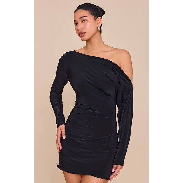 Black Double Layer Slinky Asymmetric Off The Shoulder Mini Dress