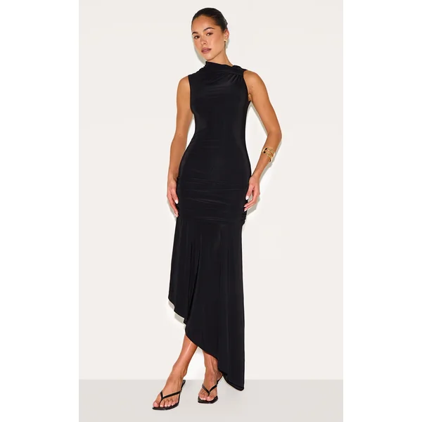 Black Double Layer Slinky Asymmetrical Ruched Midaxi Dress