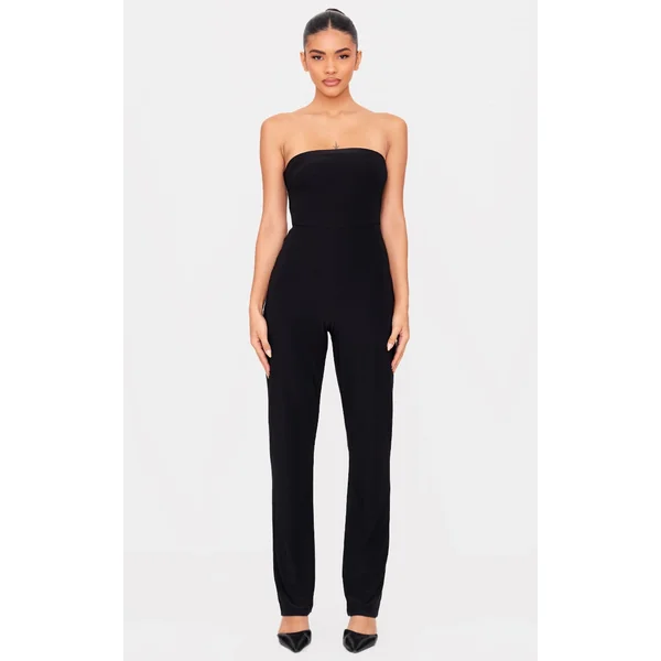 Black Double Layer Slinky Bandeau Straight Leg Jumpsuit