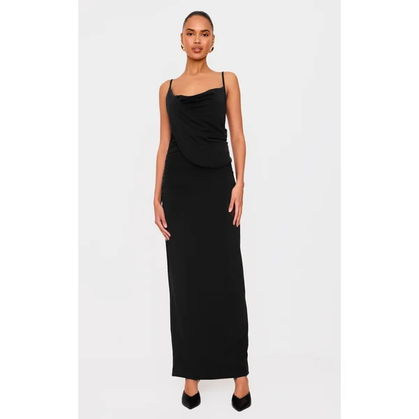 Black Double Layer Slinky Drape Detail Maxi Dress