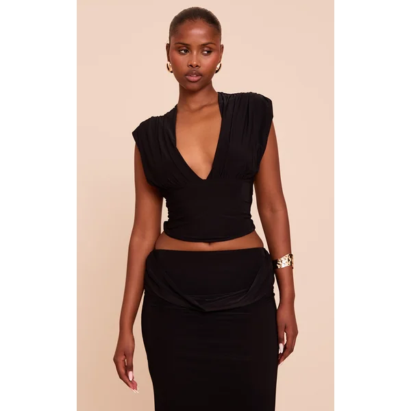 Black Double Layer Slinky Drape Plunge Long Top