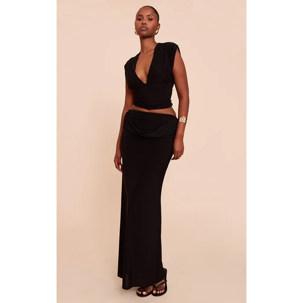Black Double Layer Slinky Drape Waist Maxi Skirt