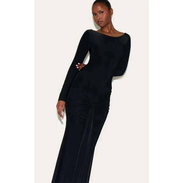 Black Double Layer Slinky Drop Waist Knot Detail Maxi Dress