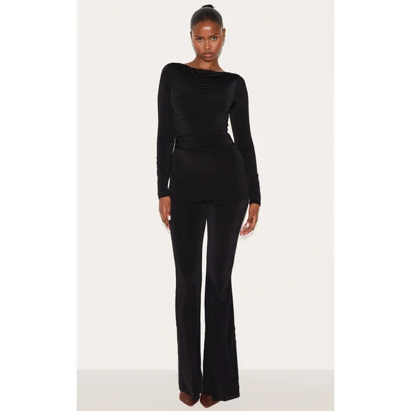 Black Double Layer Slinky Gathered Long Sleeve Wide Leg Jumpsuit