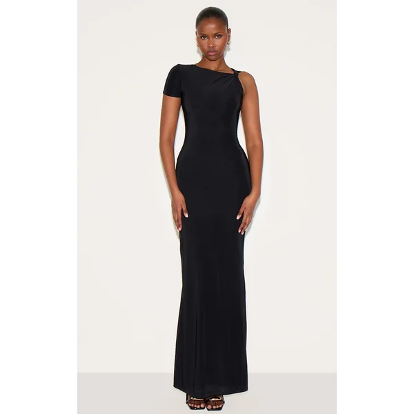 Black Double Layer Slinky Knot Shoulder Cap Sleeve Maxi Dress