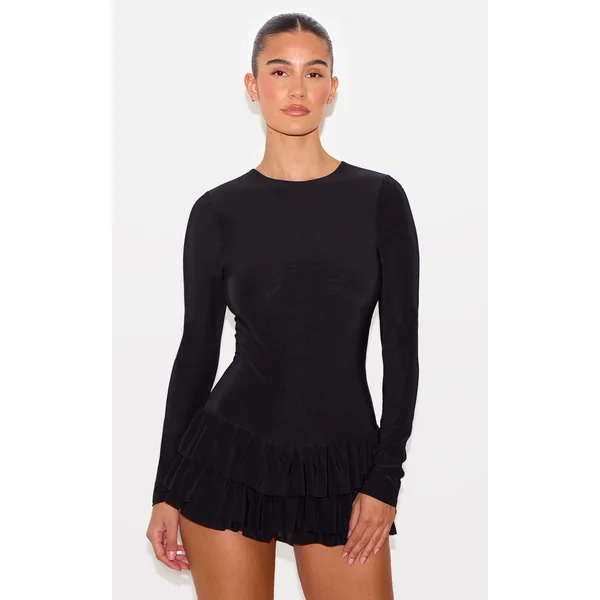 Black Double Layer Slinky Long Sleeve Rara Skort Romper
