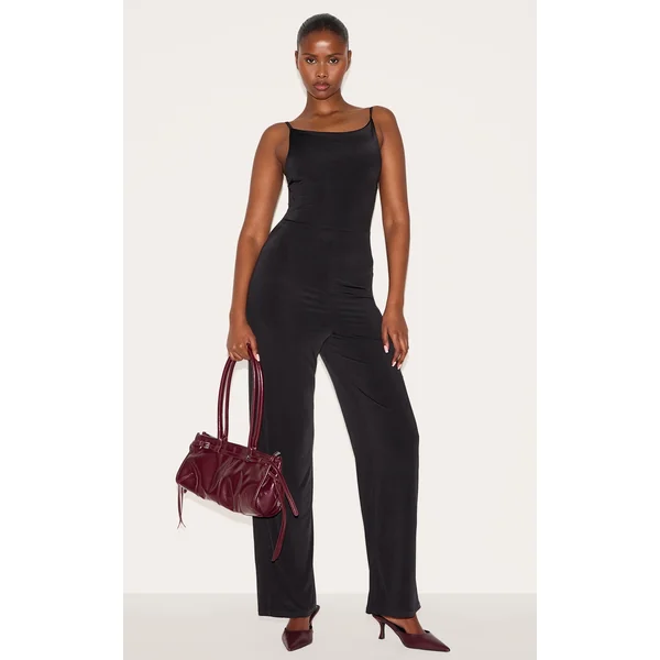 Black Double Layer Slinky Low Back Strappy Wide Leg Jumpsuit
