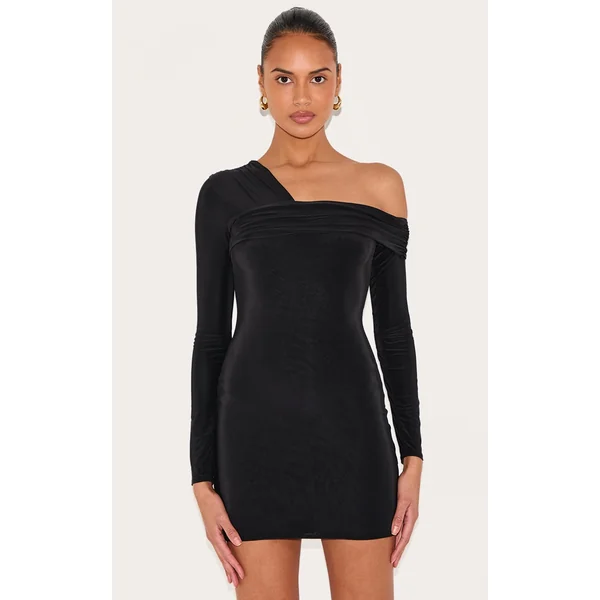 Black Double Layer Slinky Off Shoulder Mini Dress