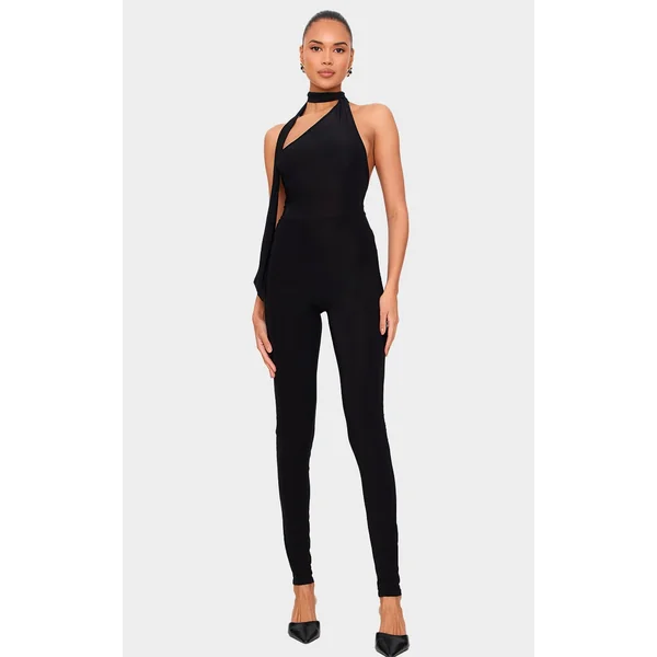 Black Double Layer Slinky One Shoulder Jumpsuit
