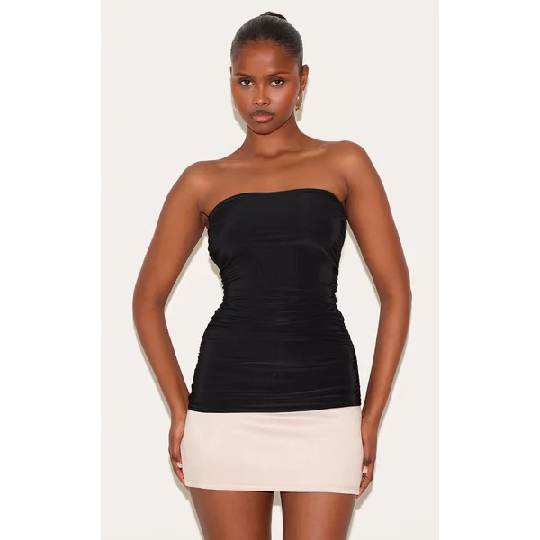 Black Double Layer Slinky Ruched Bandeau Longline Top