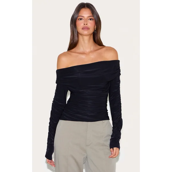 Black Double Layer Slinky Ruched Detail Bardot Long Sleeve Top