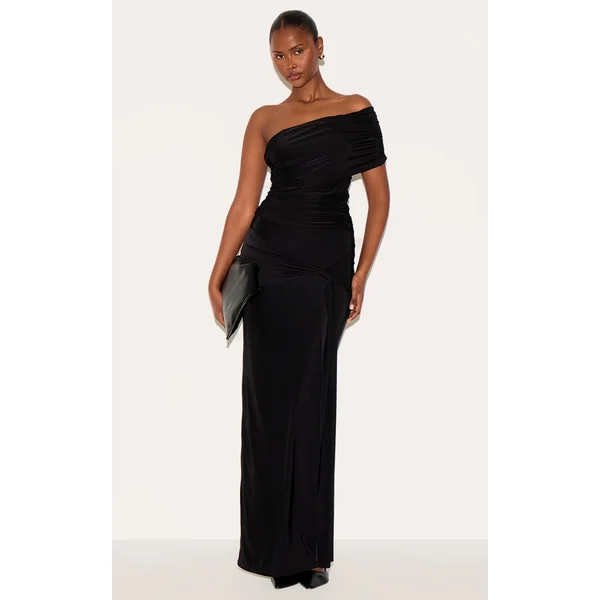 Black Double Layer Slinky Ruched Drape Maxi Skirt