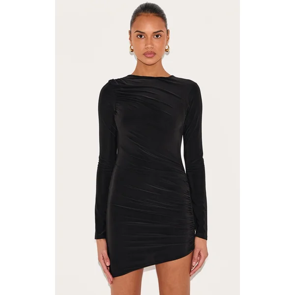 Black Double Layer Slinky Ruched Long Sleeve Mini Dress